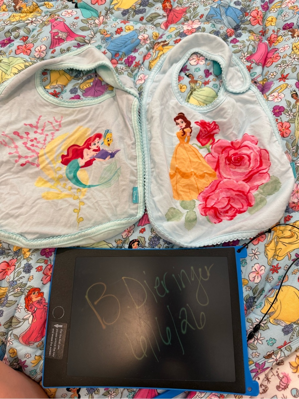 Posh Peanut Light Blue Disney Princess Bibs with Ariel & Belle Prints